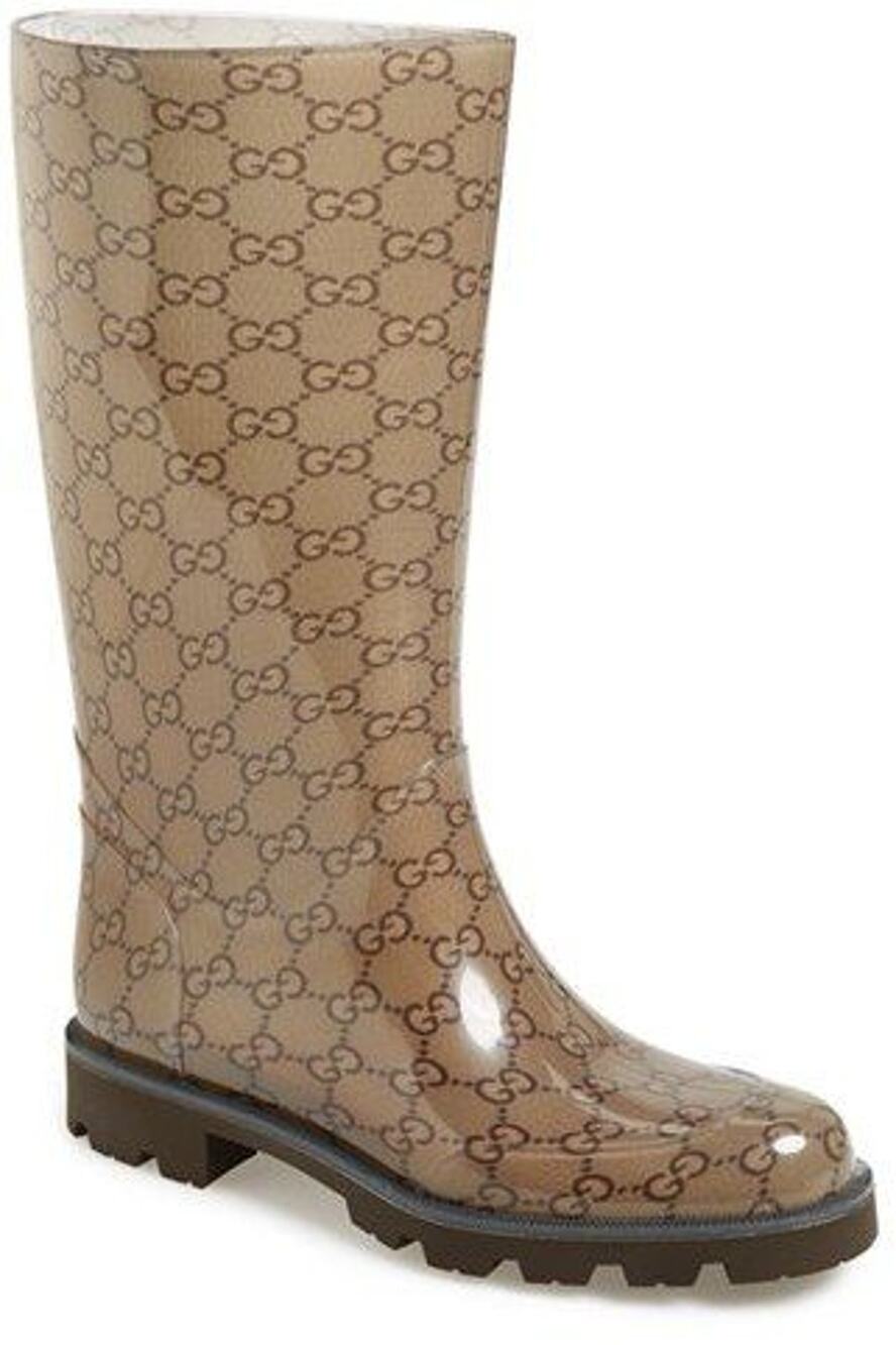 Gucci Monogram GG Edimburg Mid-Calf Rubber Outdoor Rain Boots Beige Womens 38
